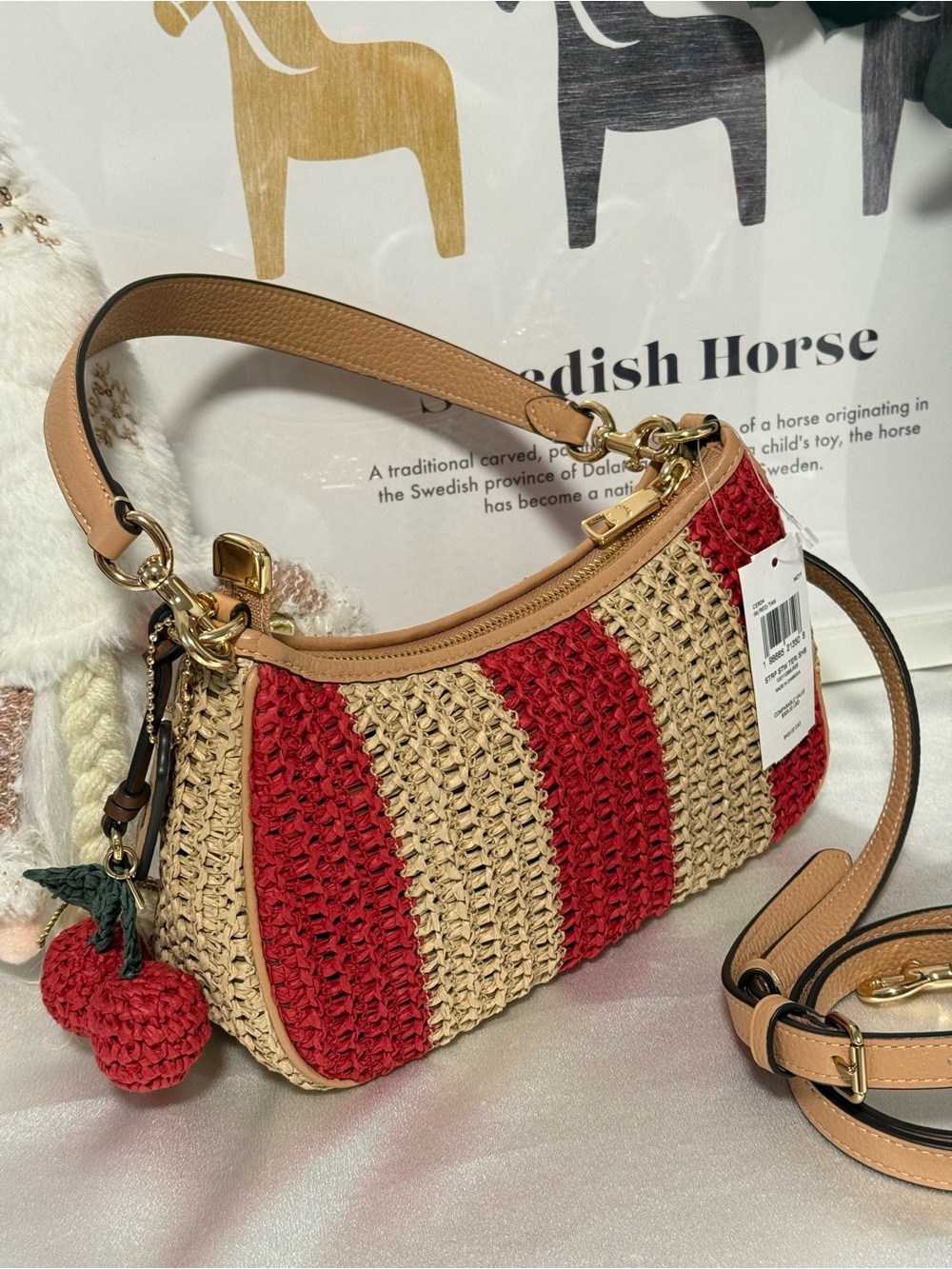 COACH teri shoulder bag with stripes and charm. gold/red/tan CER34 - Picture 3 of 11